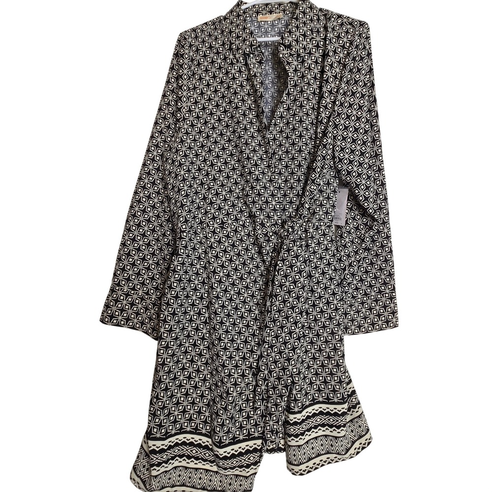 Intempo Womens Black White Geometric Diamond Print Wrap Dress Long Sleeve NWT
